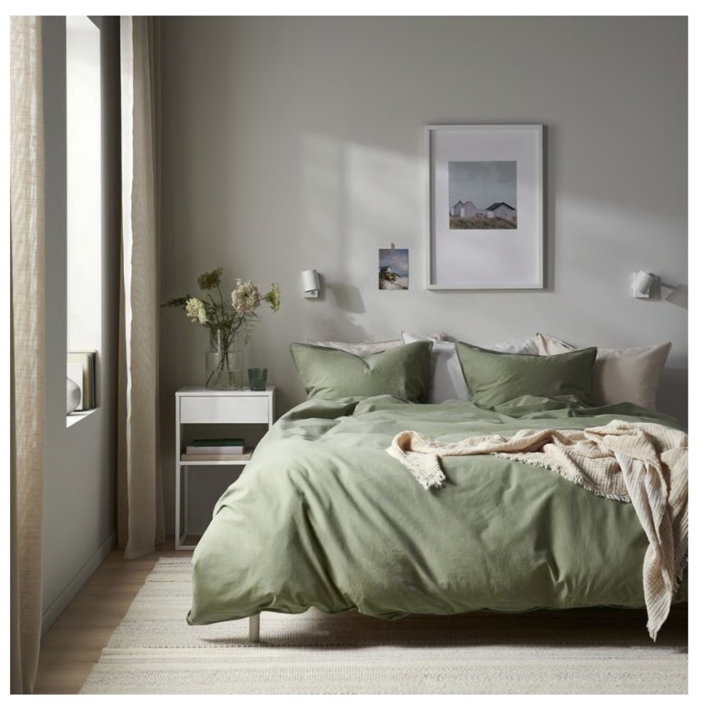 IKEA PUDERVIVA 100% Linen Duvet Cover Fl/Qn  86 x 80" Green Ribbon Ties No Shams